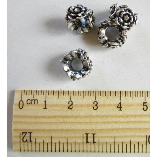 2 Perles gros trou Fleur argent antique - Photo n°1
