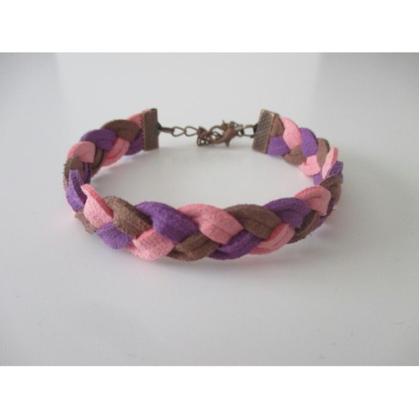 Kit bracelet suédine tressée rose, marron et violet - Photo n°1