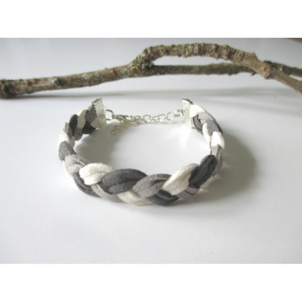 Kit bracelet suédine tressée grise, argenté et blanche - Photo n°1