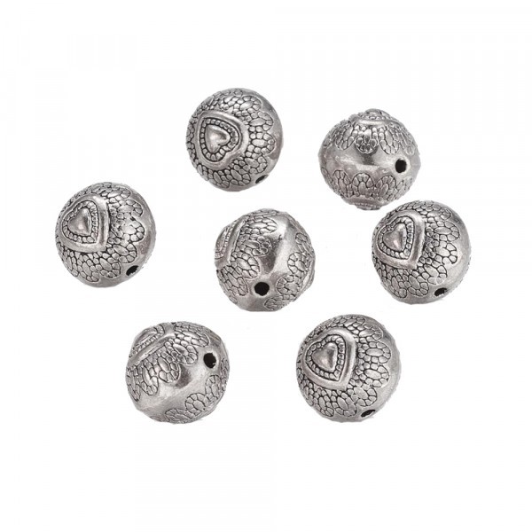 5x Perles Rondes motif Coeur en metal 10mm ARGENT ANTIQUE - Photo n°2