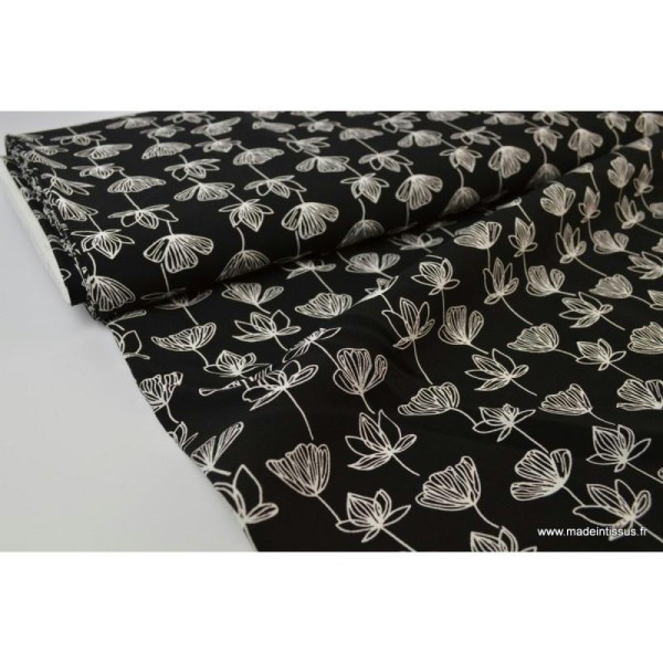 Tissu Viscose fluide imprimé fleurs de Ginkgo blanc sur noir .x1m - Photo n°2