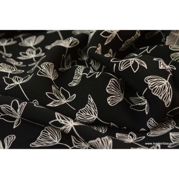 Tissu Viscose fluide imprimé fleurs de Ginkgo blanc sur noir .x1m - Photo n°4
