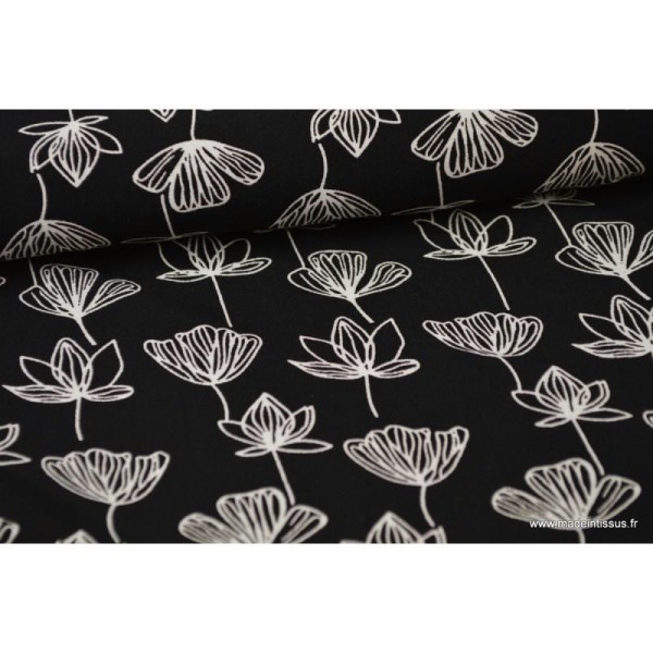 Tissu Viscose fluide imprimé fleurs de Ginkgo blanc sur noir .x1m - Photo n°1