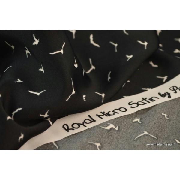 Tissu Royal Micro Satin by Penelope, fluide imprimé oiseaux blanc sur noir .x1m - Photo n°4