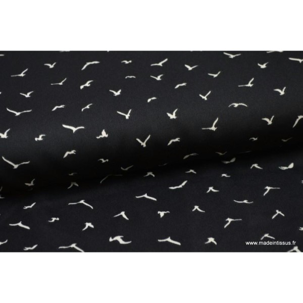 Tissu Royal Micro Satin by Penelope, fluide imprimé oiseaux blanc sur noir .x1m - Photo n°1