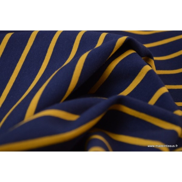 Tissu Jersey Oeko tex à rayures bleu marine et moutarde .x1m - Photo n°4