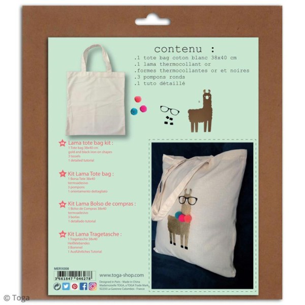 Kit Tote bag à décorer 38 x 40 - Blanc - Lama et pompons - Photo n°2
