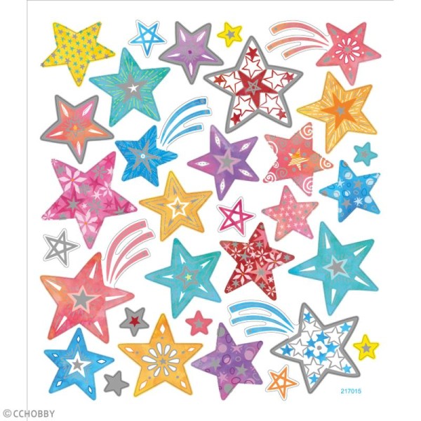 Stickers papier - Etoiles Multicolores - Détails argentés - 31 pcs - Photo n°2