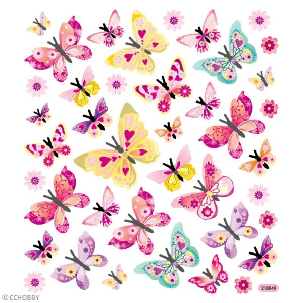 Stickers plastifiés - Papillons Roses - Détails Paillettes irisées - 40 pcs - Photo n°2