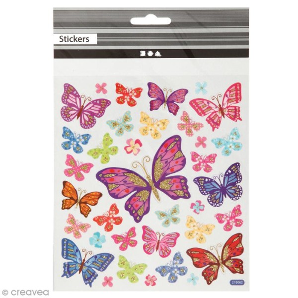 Stickers plastifiés - Papillons Multicolores - Détails Paillettes dorées - 35 pcs - Photo n°1