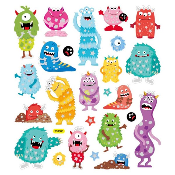 Stickers plastifiés - Monstres Multicolores - Détails Paillettes argentées - 25 pcs - Photo n°2