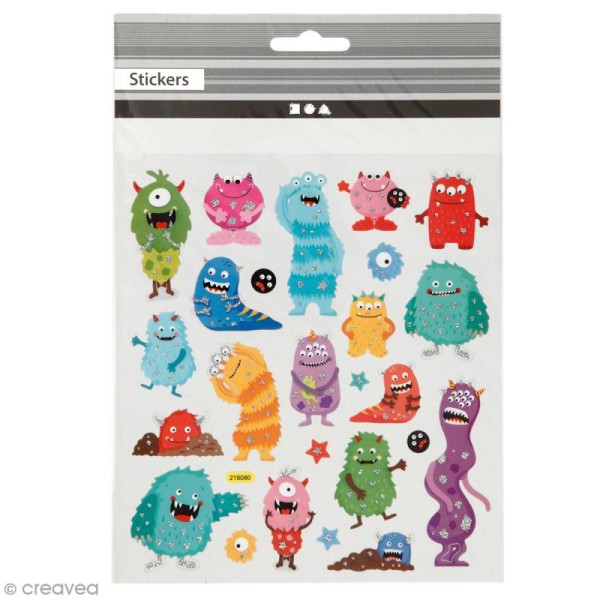Stickers plastifiés - Monstres Multicolores - Détails Paillettes argentées - 25 pcs - Photo n°1