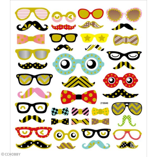 Stickers papier - Moustaches et lunettes  - Détails Paillettes dorées - 43 pcs - Photo n°2