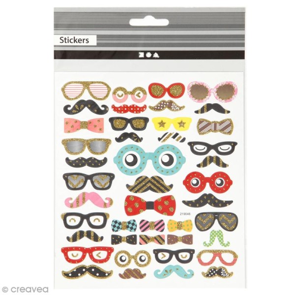 Stickers papier - Moustaches et lunettes  - Détails Paillettes dorées - 43 pcs - Photo n°1