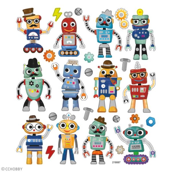 Stickers papier - Robots  - Détails Paillettes argentées - 26 pcs - Photo n°2