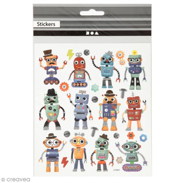 Stickers papier - Robots  - Détails Paillettes argentées - 26 pcs - Photo n°1