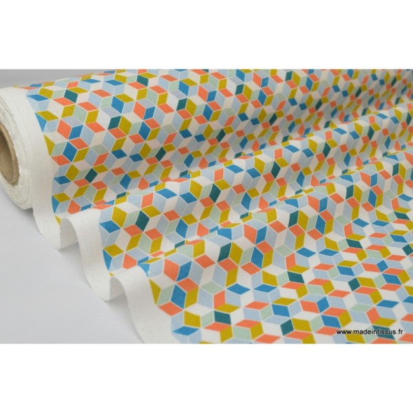Tissu Cretonne coton imprimé carré nano curcuma - Photo n°2