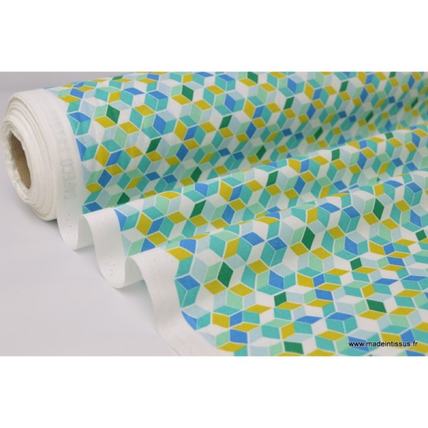 Tissu Cretonne coton imprimé carré nano turquoise - Photo n°2