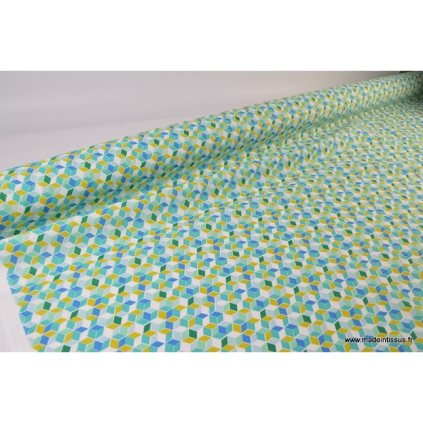 Tissu Cretonne coton imprimé carré nano turquoise - Photo n°3