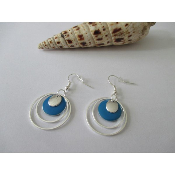 Kit boucles d'oreille anneaux argenté et sequin émail bleu indigo - Photo n°2