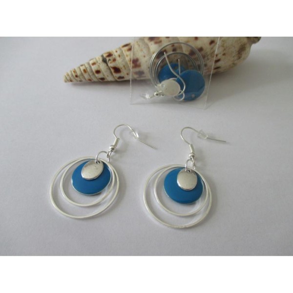 Kit boucles d'oreille anneaux argenté et sequin émail bleu indigo - Photo n°1