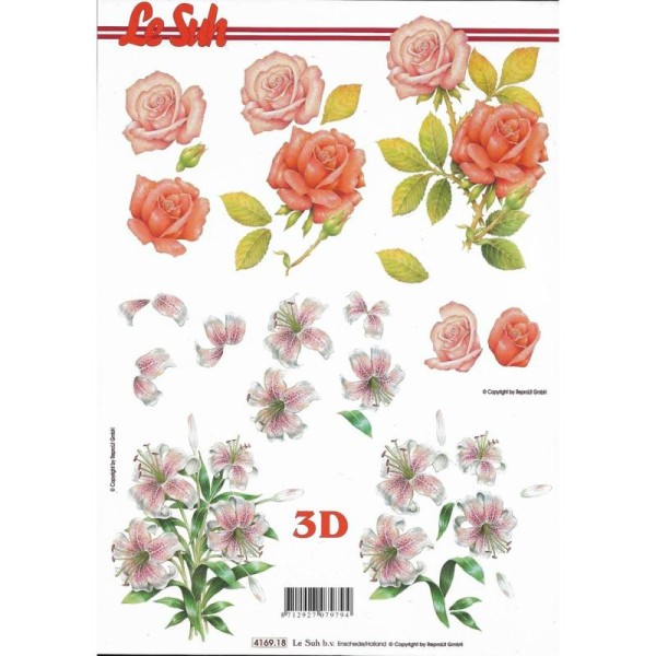 Feuille 3D à découper A4 Fleurs Roses Lys - Photo n°1