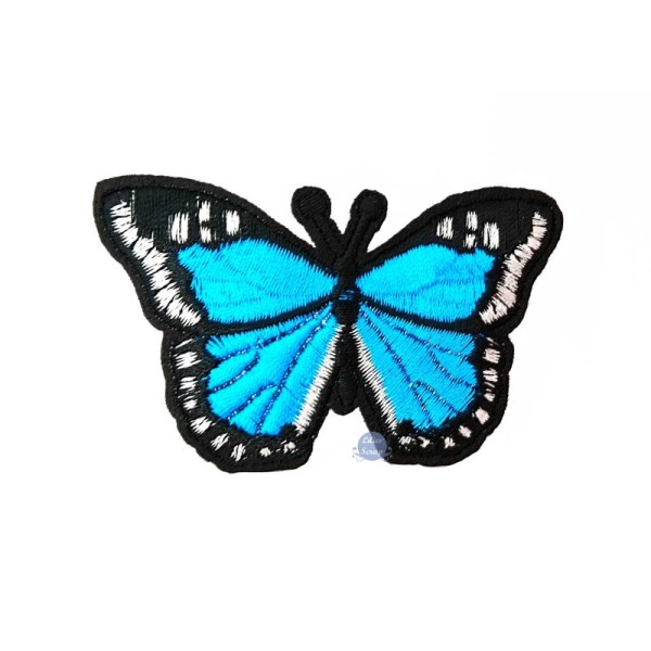 Ecusson brodé patch thermocollant papillon bleu turquoise 7,7 cm - Photo n°1