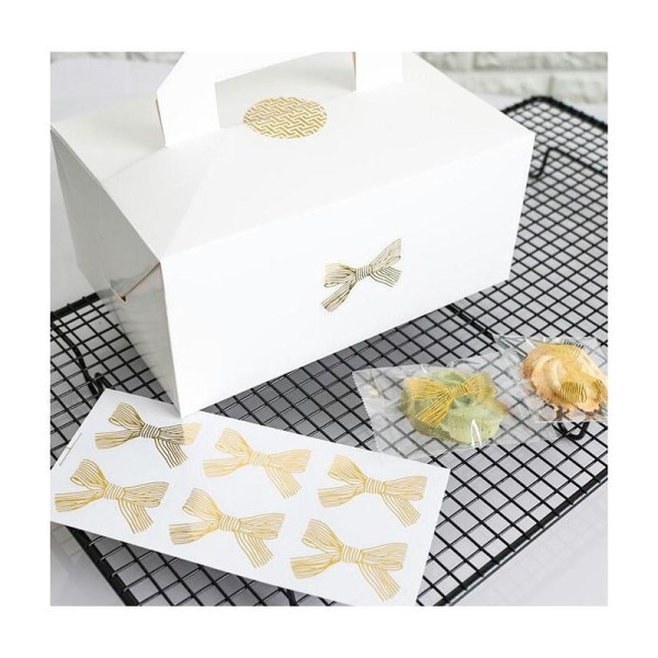 12 Etiquettes noeuds dorés rubans autocollants cadeaux, Noël gold bows stickers labels - Photo n°2