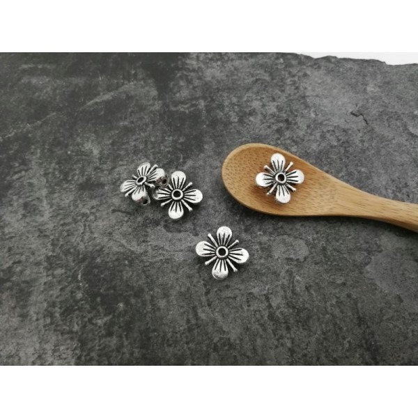 Séparateurs de perles fleurs, Passe cordons, Gros trou, Métal argenté, 12x5 mm, 4 pcs - Photo n°2