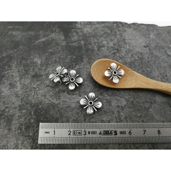 Séparateurs de perles fleurs, Passe cordons, Gros trou, Métal argenté, 12x5 mm, 4 pcs - Photo n°3