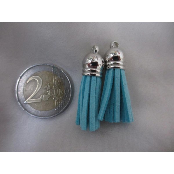 2 pendentifs breloques Pompons bleus ,suedine, a frange,calotte argentée,2 pièces - Photo n°2