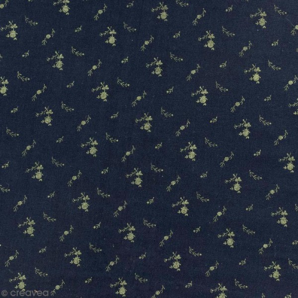 Tissu double gaze de coton - Fleurs dorées sur Fond bleu marine - Par 10 cm (sur mesure) - Photo n°1