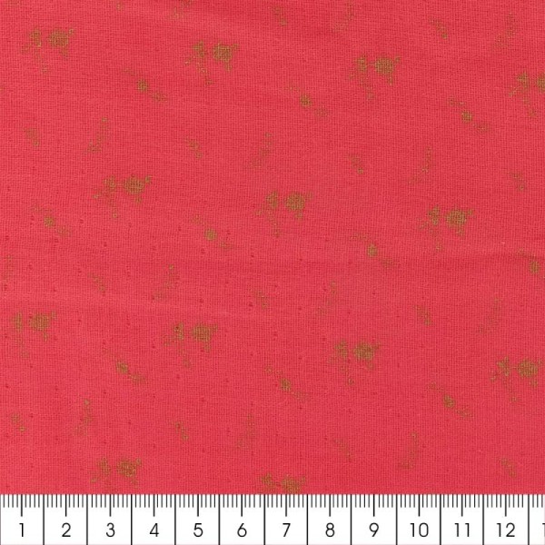 Tissu double gaze de coton - Fleurs dorées sur Fond rouge framboise - Par 10 cm (sur mesure) - Photo n°2