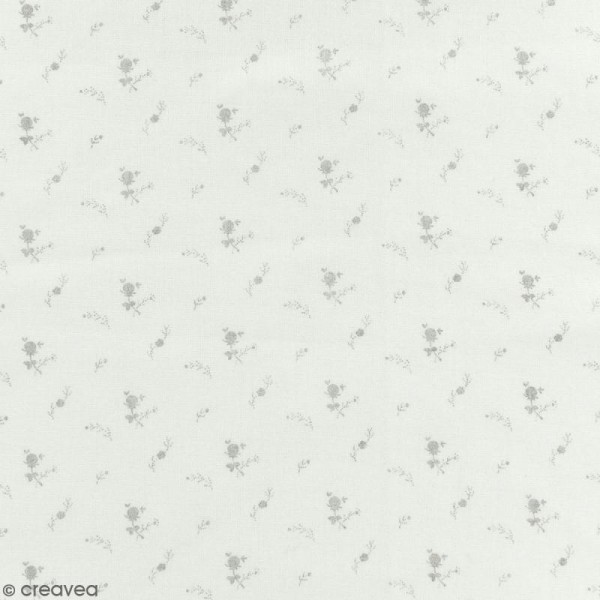 Tissu double gaze de coton - Fleurs argentées sur Fond blanc - Par 10 cm (sur mesure) - Photo n°1