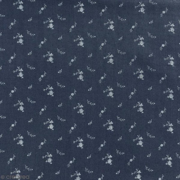 Tissu double gaze de coton - Fleurs argentées sur Fond bleu marine - Par 10 cm (sur mesure) - Photo n°1