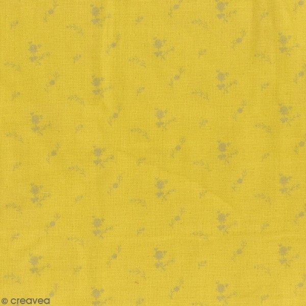 Tissu double gaze de coton - Fleurs argentées sur Fond jaune curry - Par 10 cm (sur mesure) - Photo n°1