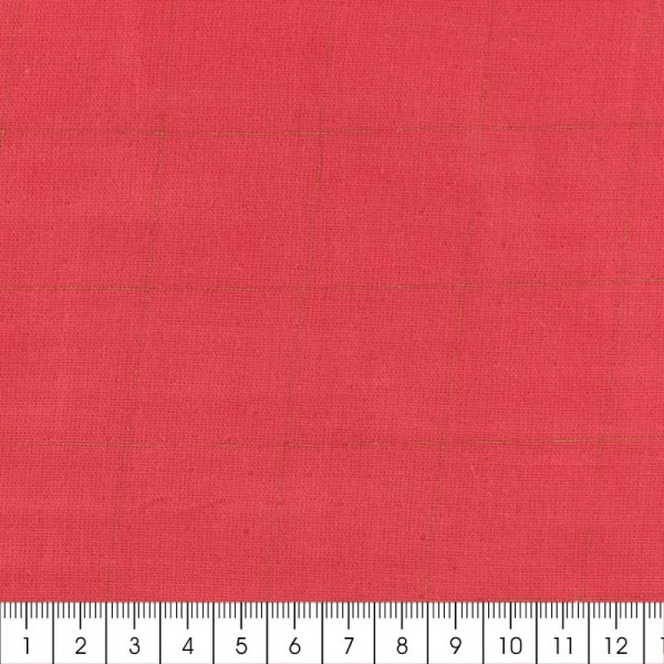 Tissu double gaze de coton - carreaux dorés sur Fond rouge framboise - Par 10 cm (sur mesure) - Photo n°2