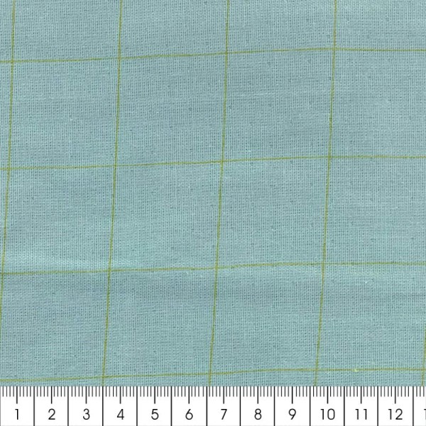 Tissu double gaze de coton - carreaux dorés sur Fond vert de gris - Par 10 cm (sur mesure) - Photo n°2