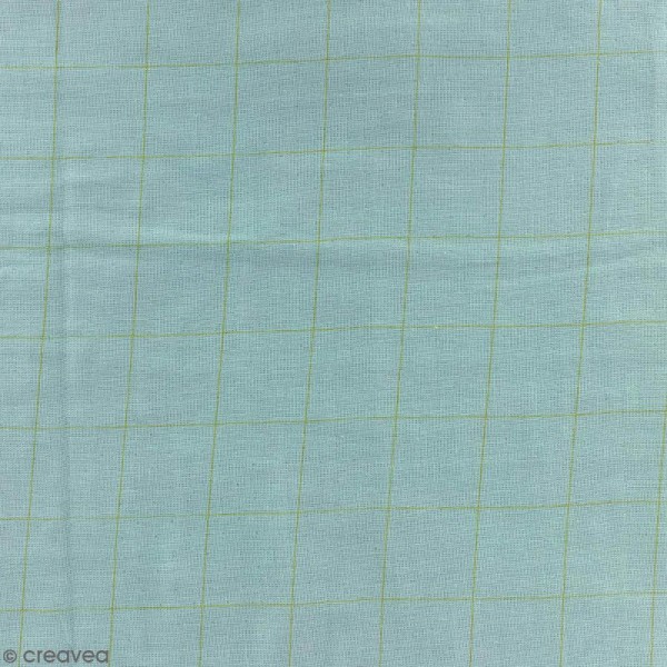 Tissu double gaze de coton - carreaux dorés sur Fond vert de gris - Par 10 cm (sur mesure) - Photo n°1