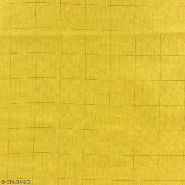 Tissu double gaze de coton - carreaux dorés sur Fond jaune curry - Par 10 cm (sur mesure) - Photo n°1