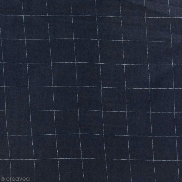 Tissu double gaze de coton - carreaux argentés sur Fond bleu marine - Par 10 cm (sur mesure) - Photo n°1