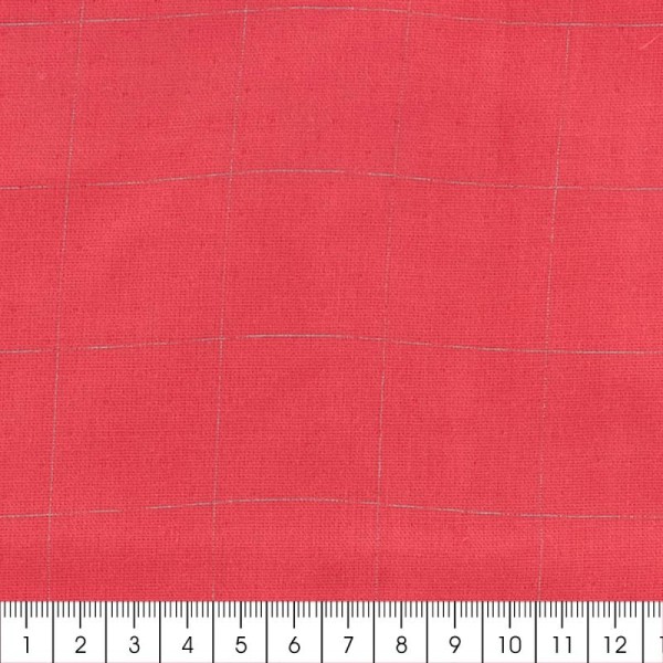 Tissu double gaze de coton - carreaux argentés sur Fond rouge framboise - Par 10 cm (sur mesure) - Photo n°2