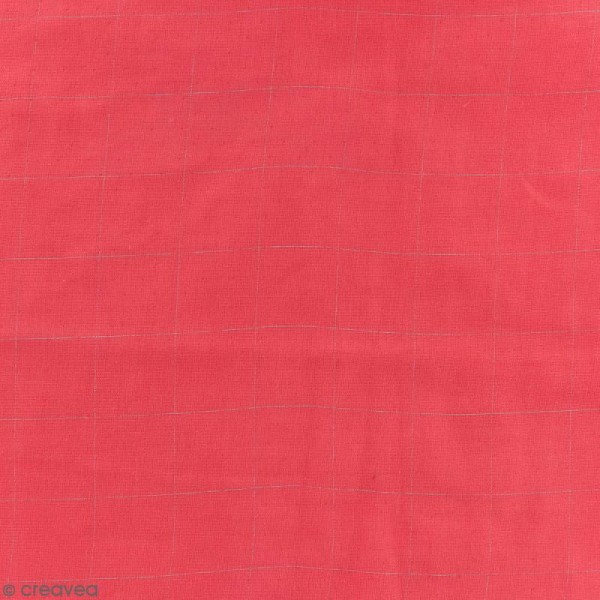 Tissu double gaze de coton - carreaux argentés sur Fond rouge framboise - Par 10 cm (sur mesure) - Photo n°1