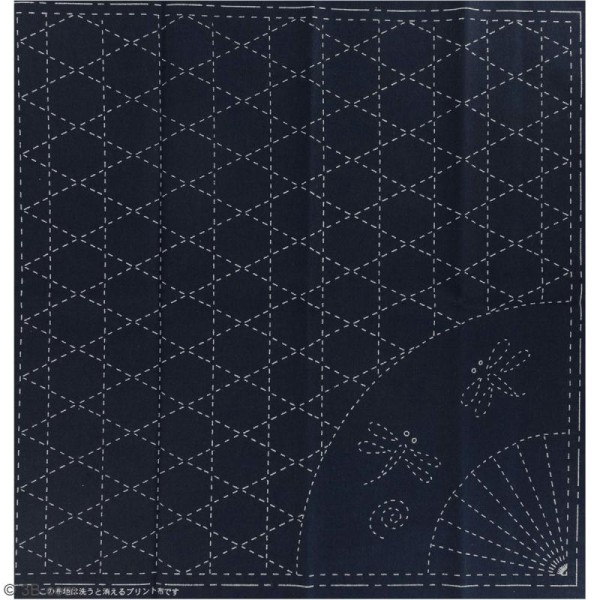 Coupon de tissu Bleu Sashiko pré-imprimé - Kagomé (tresses de panier) et libellules  - 31 x 31 cm - Photo n°2