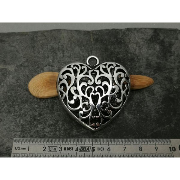 Grand pendentif coeur ajouré, Métal argenté, 51x50 mm, 1 pc - Photo n°4