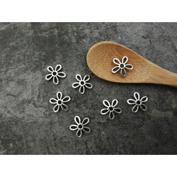 Calottes Coupelles fleurs rondes métal argenté, embouts perles, 11x2 mm, 10 pcs - Photo n°2