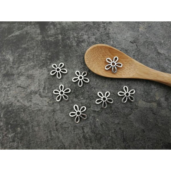 Calottes Coupelles fleurs rondes métal argenté, embouts perles, 11x2 mm, 10 pcs - Photo n°1