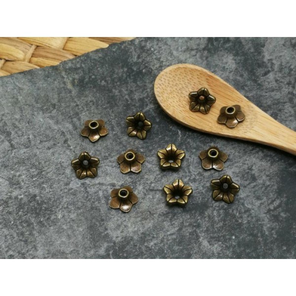 20 pcs, Coupelles cones embouts perles fleurs, bronze antique, 9 mm - Photo n°2