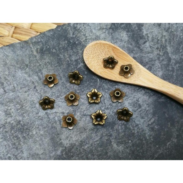 20 pcs, Coupelles cones embouts perles fleurs, bronze antique, 9 mm - Photo n°1