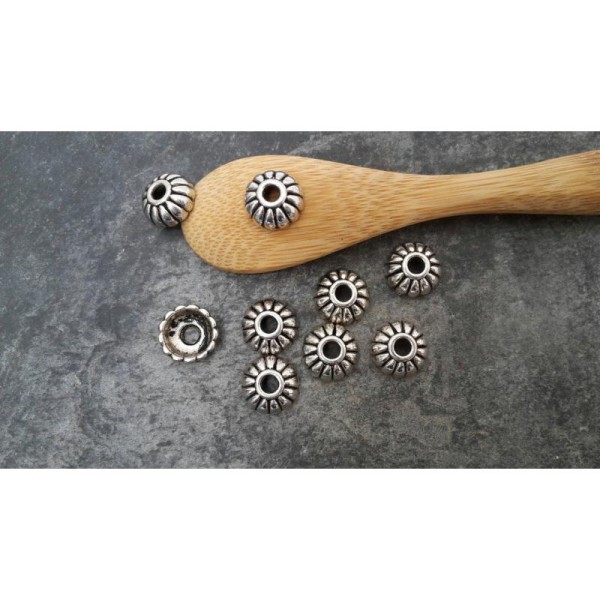Calottes ethnique, Coupelles fleur, Embouts pour perles, Métal argenté, 9.5 x 2 mm - Photo n°2